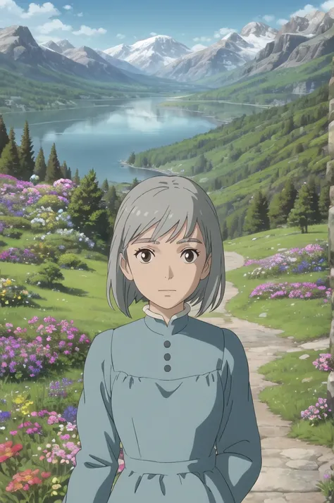 upper body, (best quality), (masterpiece), (solo), 1girl, grey hair, brown eyed, medium length hair, blue dress, grass, flowers, lake, trees, mountains, sunny, looking at viewer