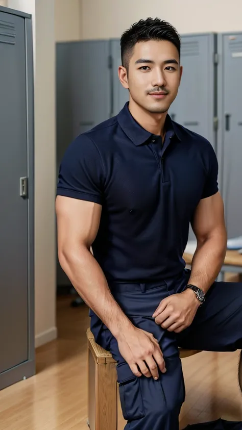 Masterpiece, best quality, high resolution, realistic, handsome, Take beautiful photos, A photo of a 35-year-old Gym Association member sitting on the floor. (The man has a thin mustache.) ,Full body, Portrait, Standing in the locker room, make military me...