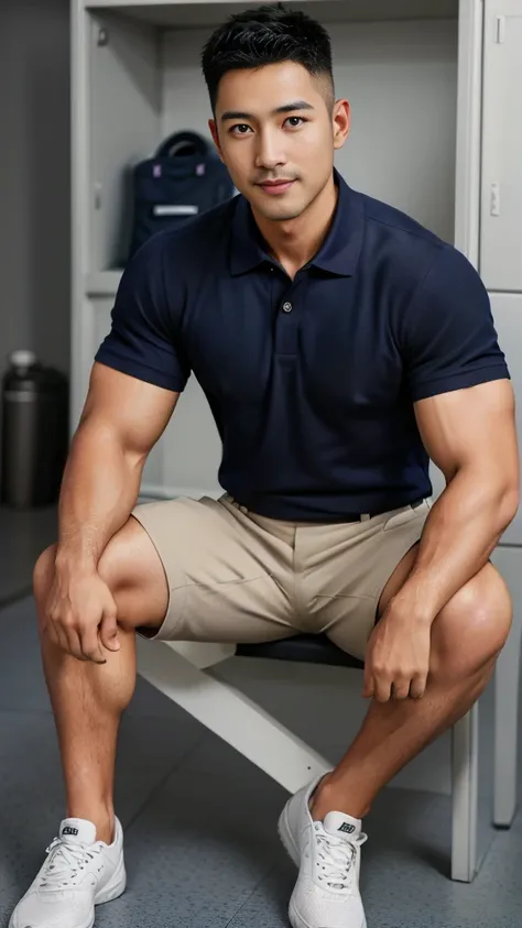 Masterpiece, best quality, high resolution, realistic, handsome, Take beautiful photos, A photo of a 35-year-old Gym Association member sitting on the floor. (The man has a thin mustache.) ,Full body, Portrait, Standing in the locker room, make military me...