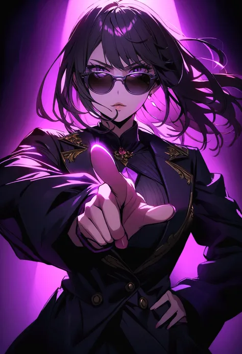 Strong and busty female hawk bird wearing sunglasses pointing finger at camera, image with purple lighting