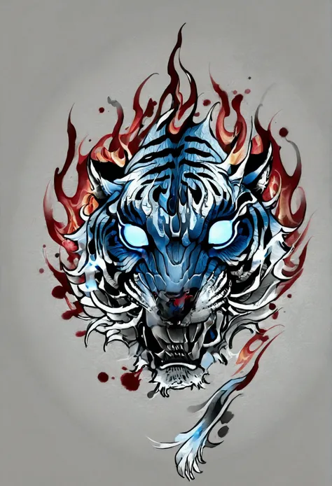 Black and gray realistic tattoo art of tiger with (((blue eyes))) with red fire splatter sketch effect ,he is with open mouth looking very fierce and angry