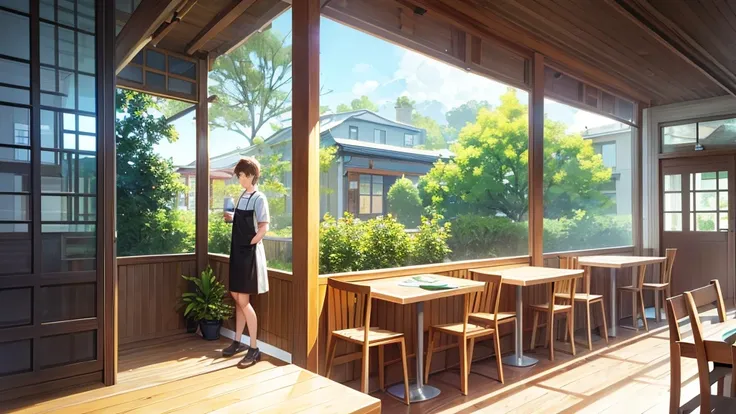 「Quiet morning at the cafe、The morning sun is shining outside the window。The character is sitting by the window、Holding a cup of hot coffee in his hands, he quietly gazes outside.。The interior of the cafe is natural.、Decorated with wooden furniture and pot...