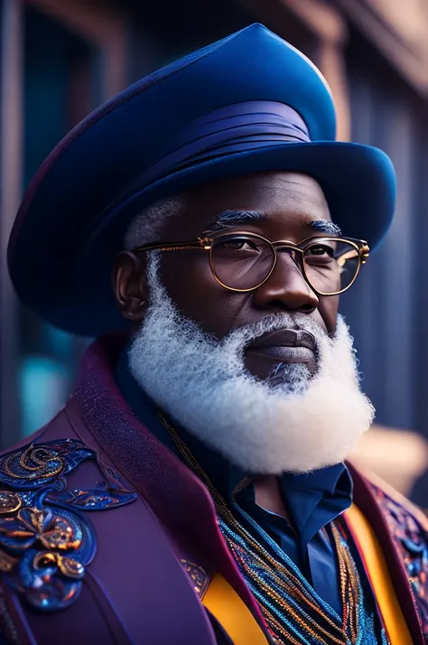 (AFRICAN man fashionista portrait, senior citizen, big white beard, very elegant, 1950s with intricate colored and colored glass), cabelo fofo colorful, expression serious (extremely detailed digital photography: 1.2), Standing in the middle of the city, (...