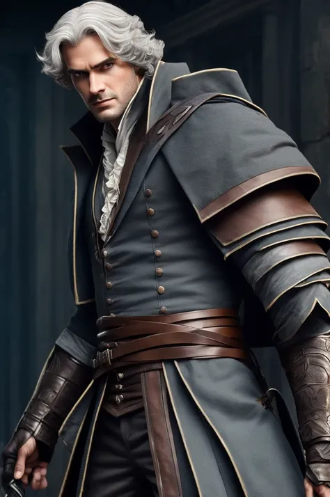 ((best quality)), ((masterpiece)), (detailed), perfect faceA 175cm tall 18th century male with a well proportioned figure is a doctor and demon hunter. He has gray hair, blue eyes, and a left arm guard,