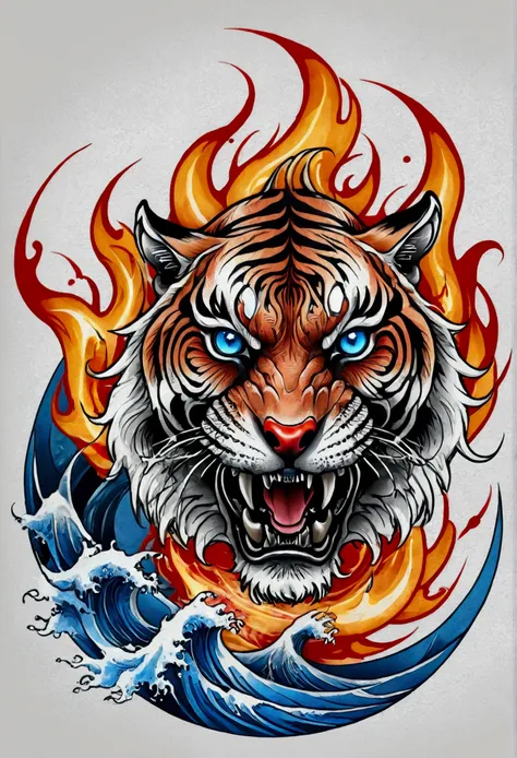 traditional japanese tattoo, realistic tattoo art of orange tiger with (((blue eyes))) with red fire splatter sketch effect, he ...