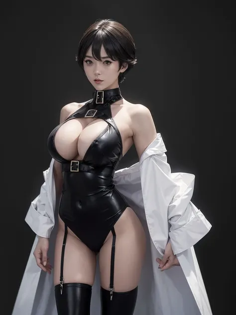 Very short hair, (masterpiece、Highest quality、Official Art), Neck up, View from the front, Looking at the audience:1.5, topless, Underless, White jacket:1.2, Black long boots, Black garter belt, (Black bondage suit:1.2), Black collar, Black choker, Glowing...