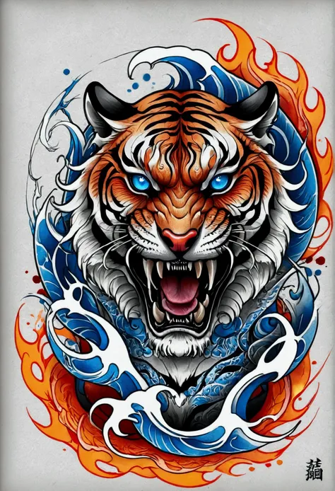 traditional japanese tattoo, realistic tattoo art of orange tiger with (((blue eyes))) with red fire splatter sketch effect, he ...