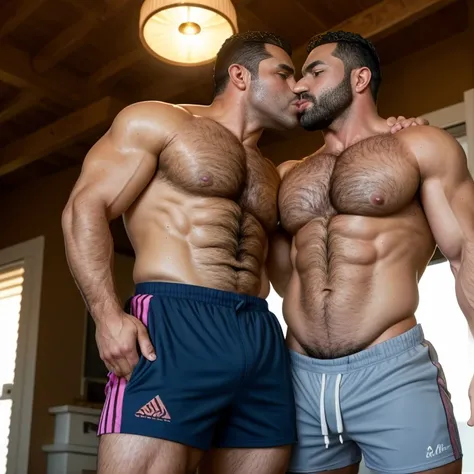 Golden hour, large pectoral muscle, abdominal muscles, sailor, latino male in his 50s, natural lighting, (hairy chest), dark hair blue eyes, daddy, erotic, thick thighs, thick forearms, thick arms, bulge, tiny pink shorts, kissing, sweaty, raunchy, dirty l...