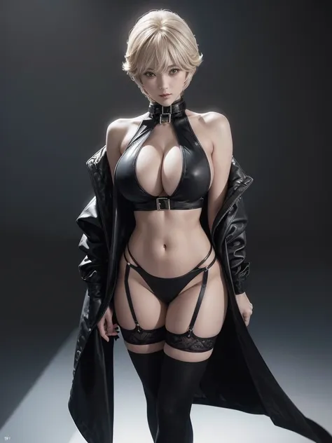 Very short hair, (masterpiece、Highest quality、Official Art), Neck up, View from the front, Looking at the audience:1.5, topless, Underless, White jacket:1.2, Black long boots, Black garter belt, (Black bondage suit:1.2), Black collar, Black choker, Glowing...