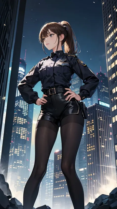 {{masterpiece}}, {{{best quality}}},{{ultra-detailed}}, {{illustration}},{{tall stature}},{{adult women}},((Black tights and shorts)),Small breasts,Slender,{{Hands on hips}},((Leggings with integrated shorts)), Female police officer　Brown hair ponytail　Pla...