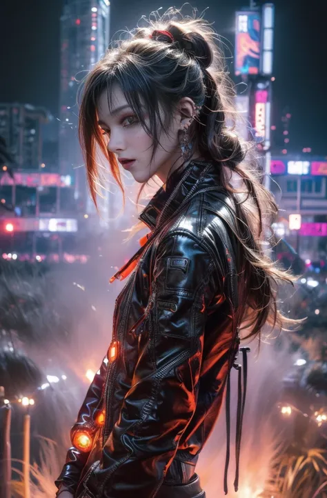 ghost in the shell world view, cyber punkワールド上の女兵士, Cyber Soldier, Female Cyborg Soldier, Very beautiful and detailed, Beautiful and delicate eyes,ear piercing、（（Vibrant color scheme））, Black leather jacket, Delicate facial features with glossy lips and te...