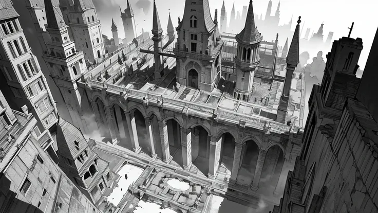 ((line-drawing)), comic strip, (((monochromes))), illustration, manga style, bird eye view of a dark underground ruined medieval city, (((bird eye view))), ((black and white, monochromatic)), floating rocks, covered in fog, manga background, masterpiece, B...