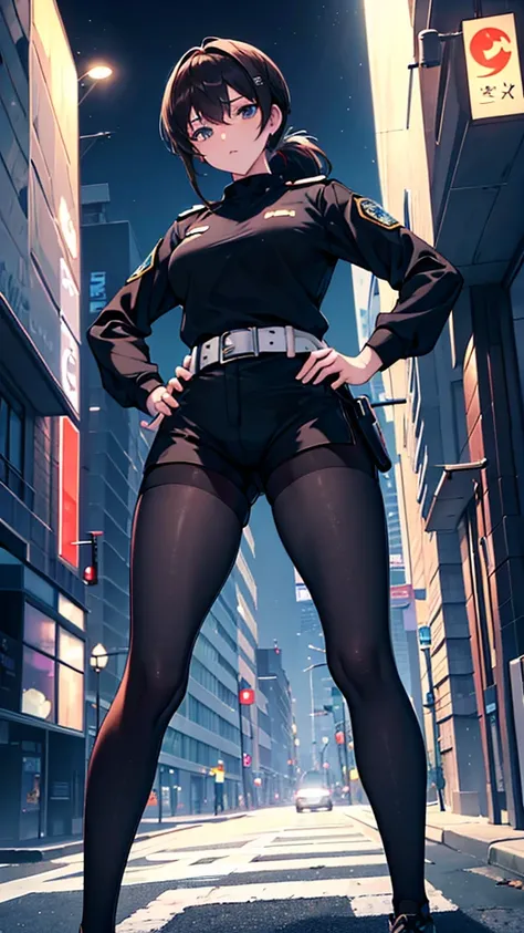 {{masterpiece}}, {{{best quality}}},{{ultra-detailed}}, {{illustration}},{{tall stature}},{{adult women}},((Black tights and shorts)),Small breasts,Slender,{{Hands on hips}},((Leggings with integrated shorts)), Female police officer　Brown hair ponytail　Pla...