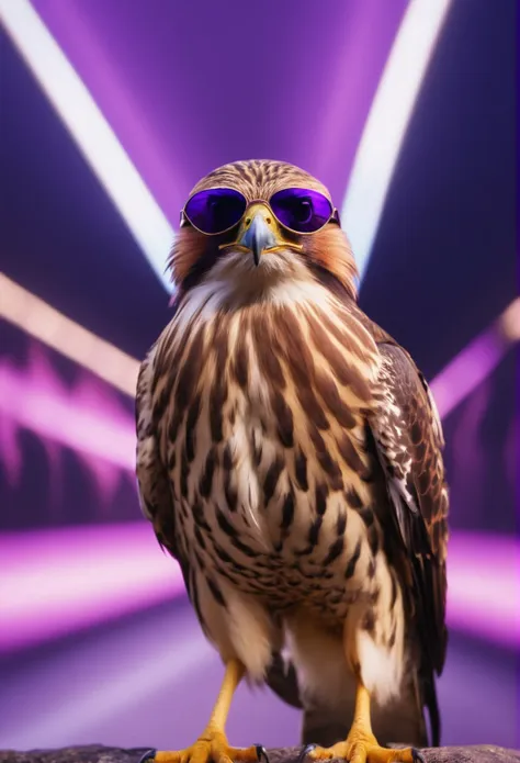 araffe with sunglasses sitting on a rock in front of a purple light, falcon bird face, looking directly at the camera, retrato e...