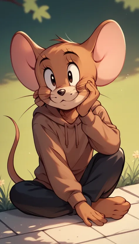 fraction_9, fraction_8, fraction_9, rest, jerry, mouse, whiskers, mouse ears, mouse tail, outdoor, lovely,brown hoodie,black pan...