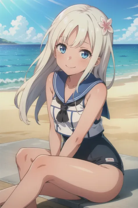 alone, one girl, view your viewers, smile, ro500, long hair, hair flower, sunburn, one piece swimsuit, sailor collar