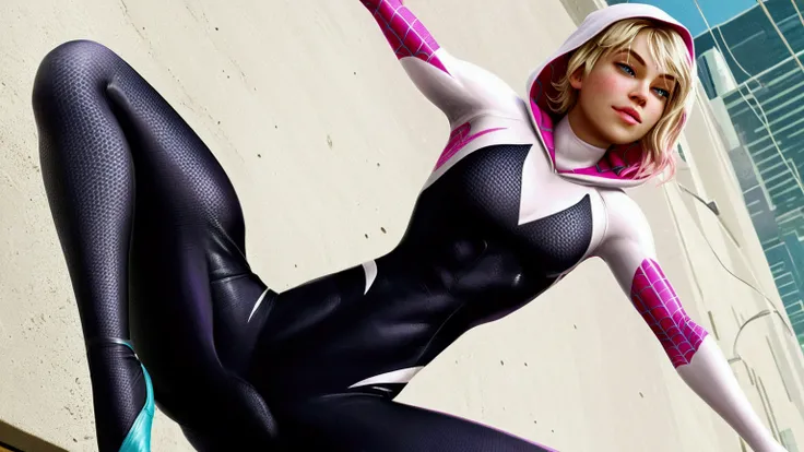 A realistic, spider-gwen, gwen stacy, hyperrealistic Spidergwen with athletic muscle, textured saturated white and black and pink trage, (best quality,4k,8k,highres,masterpiece:1.2),ultra-detailed,(realistic,photorealistic,photo-realistic:1.37),professiona...