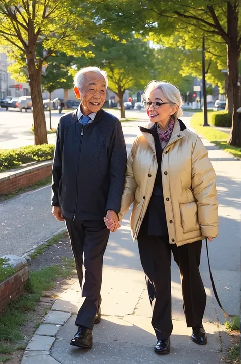 Illustration of an elderly man, happy couple, who are walking in the park.