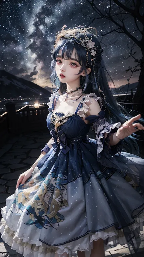 Ultra HD、A beautiful blue-haired character、Big eyes like a 、Red burning cheeks、Night scene with starry sky background、Wearing a gorgeous dress、Subtle details、A fantastic atmosphere、Anime style