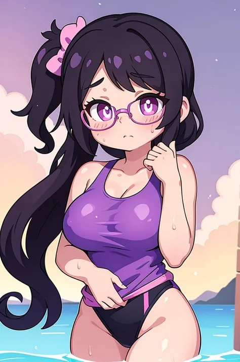 masterpiece,Big Breasts,beauty,Purple glasses.Black Hair,Side Ponytail,Pink Swimsuit,Shy,Wet