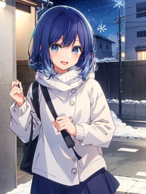 beautiful  lighting, 1girl in, solo, AKANE, (((anime styled)))、(((2d)))、A smile、Open your mouth、(((Winter clothes)))、Plain clothe、takeout