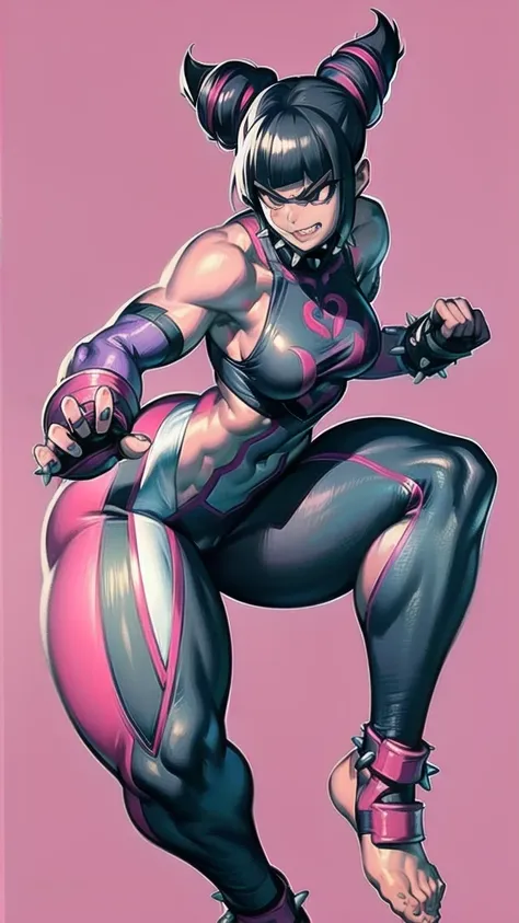 full body image of juri han from street fighter 5, wearing her original outfit (black and purple clothes with spiked accents, ba...