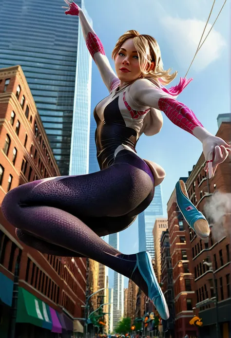 a realistic, spider-gwen, gwen stacy, hyperrealistic spidergwen with athletic muscle, textured saturated white and black and pin...