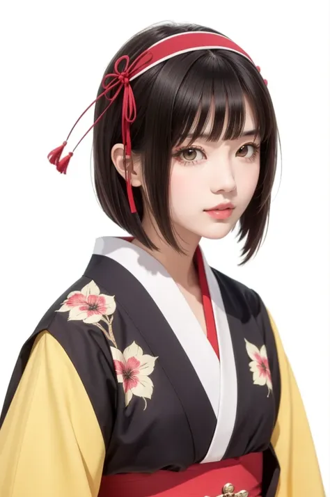 portrait, solo focus, solo, close-up, (white background, plain background, simple background:1.3), looking at viewer, (parted lips:1.2)
 tsukimichi_spider, 1girl, japanese clothes, kimono, yellow eyes, solo, gloves, short hair, bangs, blunt bangs, outdoors...