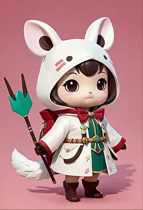 Top image quality、"Create a masterpiece of cute creatures. 白いフェレット、（Momonga with a good coat）, high detailing, in 8K、Top image quality、Dressed as an adventurer、Yumi and Arrow in the hand、Video Game Hero Costume、(((kawaii)))、