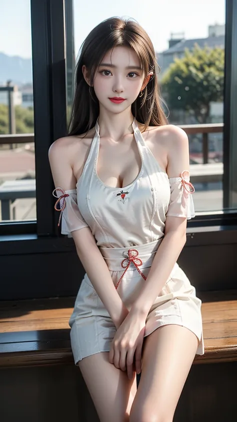 see-through,bare shoulders ((knee shot)), ((Shoot at random angles)), ((Visible cleavage)), ((E-cup)), ((I-type Valley)), ((Warm colors)), Long-range shooting, A beautiful woman，Elegant posture，Standing，Slender figure。Her legs are slender and straight，Cros...