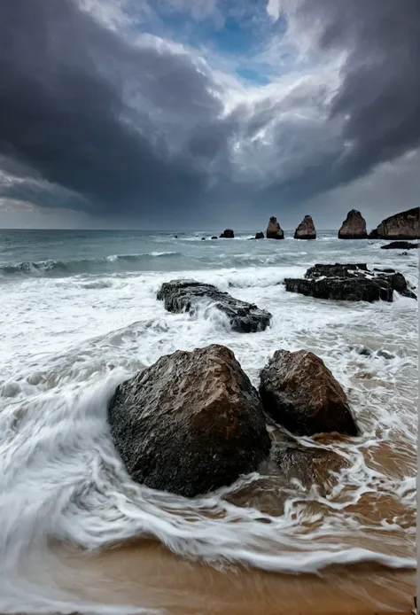 long exposure, expo, waves crashing on a beach at dramatic black and withe photo, cloudy weather, rocks,