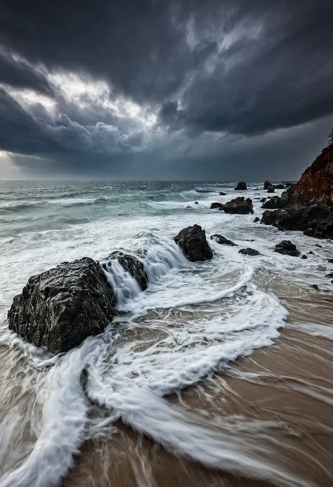 long exposure, expo, waves crashing on a beach at dramatic black and withe photo, cloudy weather, rocks,