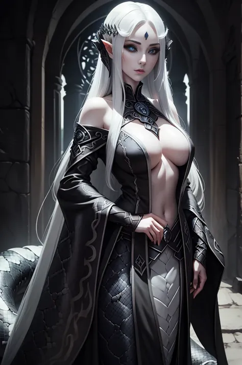 medieval fantasy, female lamia, (black iris), (grey pulil), black snake tail, (long white hairs), very pale skin