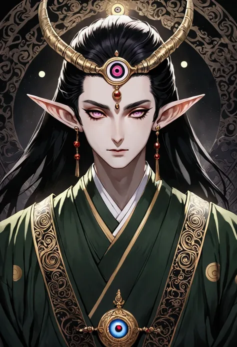 Dark illustration，(((1 Prince，独奏，third eye on the forehead，Dark eyeshadow.Elf ears))),(((Japanese clothing：1.6))).whole body