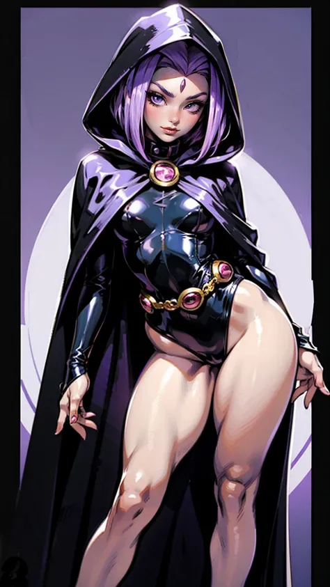 illustration of raven from dc comics, 1 girl, raven, high collar, black leotard, black cape, hooded cloak, cabelo roxo, head jee...