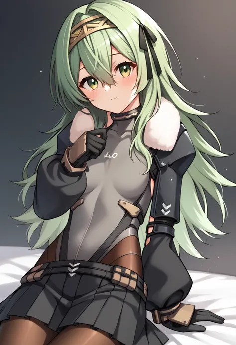 score_9, score_8_superior, score_7_superior, sauce_Anime BREAK 1 Girl, alone, Kilo, Green Eyes, Green Hair, Long Hair, hair band, Black Hair Ribbon, Fur trim, Grey leotard, black sleeves, Long sleeve, Black Skirt, pantyhose, gloves