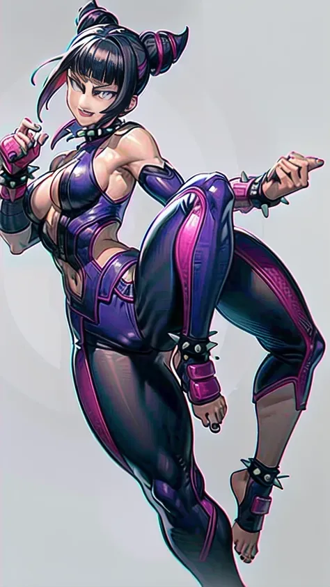 full body image of juri han from street fighter 5, wearing her original outfit (black and purple clothes with spiked accents, ba...