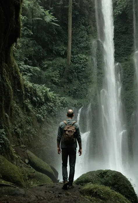 A man walking in front of a waterfall in the forest