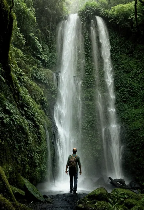 a man walking in front of a waterfall in the forest