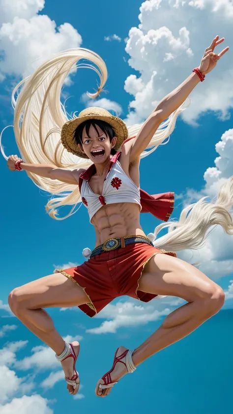 Create an image of Monkey D. Luffy from One Piece in his Gear 5 form, with wild, flowing white hair and a joyful expression. He should be wearing a white outfit with intricate patterns and be in a dynamic, carefree pose, as if leaping or falling through th...