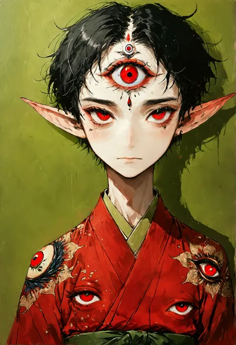 Art Illustration，Dark Style，(((1 Boy，独奏，third eye on the forehead，Elf ears))),(((Gorgeous Japanese red kimono：1.6，Eye Diagram，Dark Pattern))).(((Thin waist，Greenbelt：1.37)))