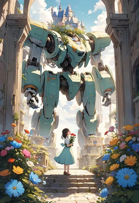 Very detailed、whole body、A girl receives a flower from a robot in the courtyard of a castle in the sky