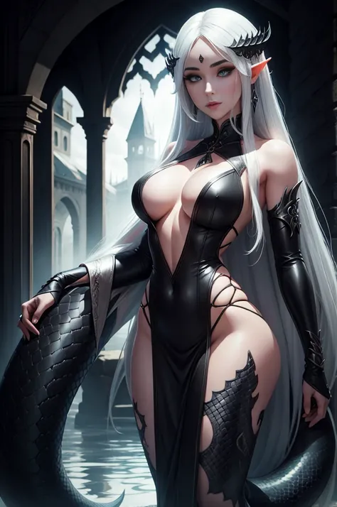 medieval fantasy, female lamia, (black iris), (grey pulil), black snake tail, (long white hairs), very pale skin