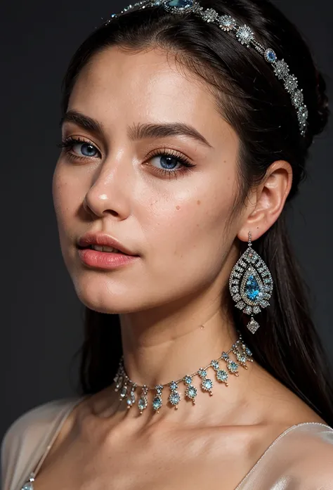 (Masterpiece, Best Quality), intricate details, realist, photorealist, a close up of a woman wearing aretes, a korean, wrapped in crystals, silver color, long aretes,, huge earrings,, blue-eyed, platinum jewelry, arete, impeccable structure, silver arete, ...