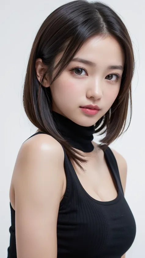 (((forehead、Northern Europe、White、beautiful girl、Black Hair、White Background、High Neck Tank Top、cute、young、True Face、Shiny Hair、whole body)))、Tabletop, Highest quality, shape, Very detailed, finely, High resolution, 8k wallpaper, Perfect dynamic compositio...