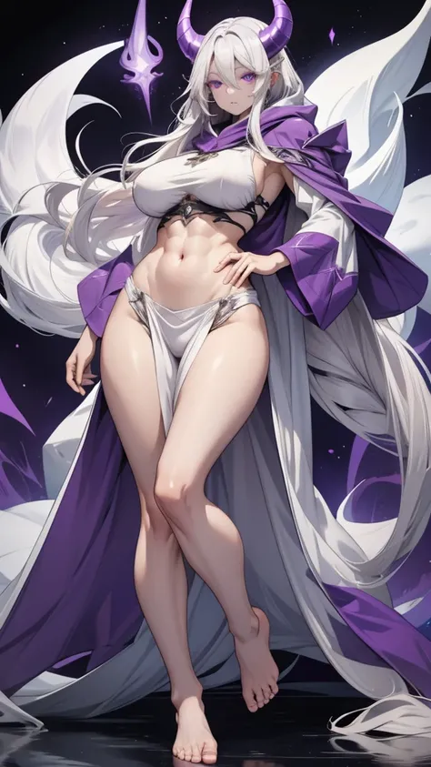 Adult woman with long white hair, huge breasts, gray skin，Demon horn，Purple Eyes，White top，Abdominal muscles，Bare arms，Hood cloth，Bare Legs，barefoot