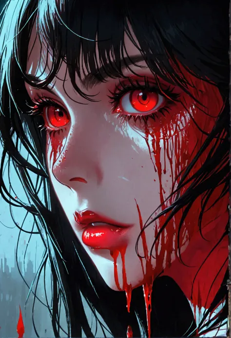 portrait of vampire with a bloody tear coming down from he eye, an exotic beautiful female vampire, dynamic hair color, dynamic hair style, ultra detailed face, best detailed face, dynamic eye color, ((1single red tear made of blood coming down from the)),...