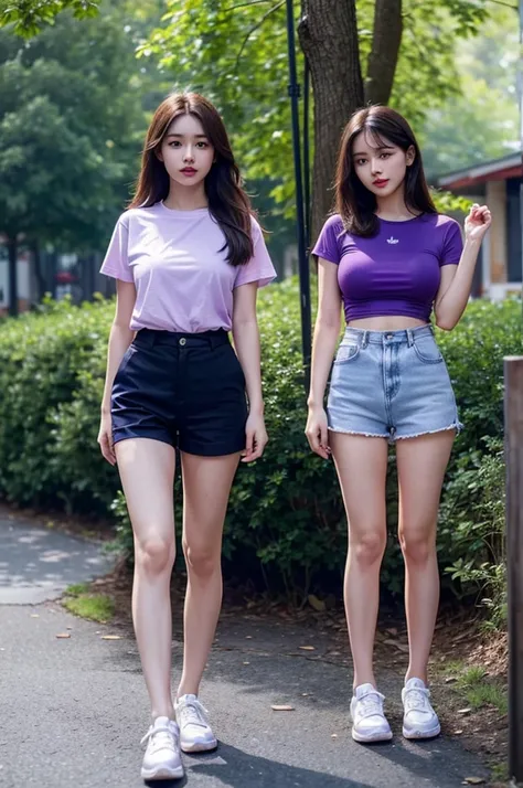 A very cute girl, solo, young, wearing purple tshirt and short pants, big breasts, white and smooth skin, standing, long hairs, red lip, at forest realistic face, full body, blue shoes