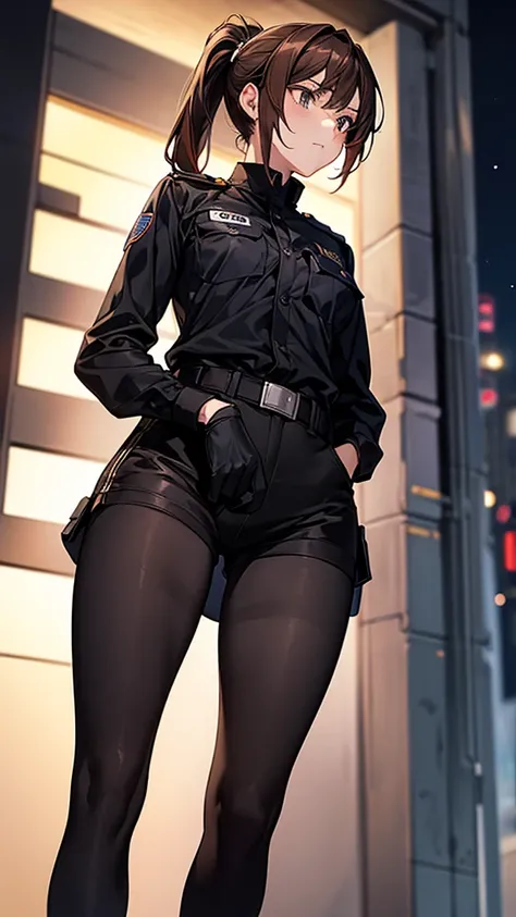 {{masterpiece}}, {{{best quality}}},{{ultra-detailed}}, {{illustration}},{{tall stature}},{{adult women}},((Black tights and shorts)),Small breasts,Slender,{{Hands on hips}},((Leggings with integrated shorts)), Female police officer on guard　Cowboy Shot　　　...