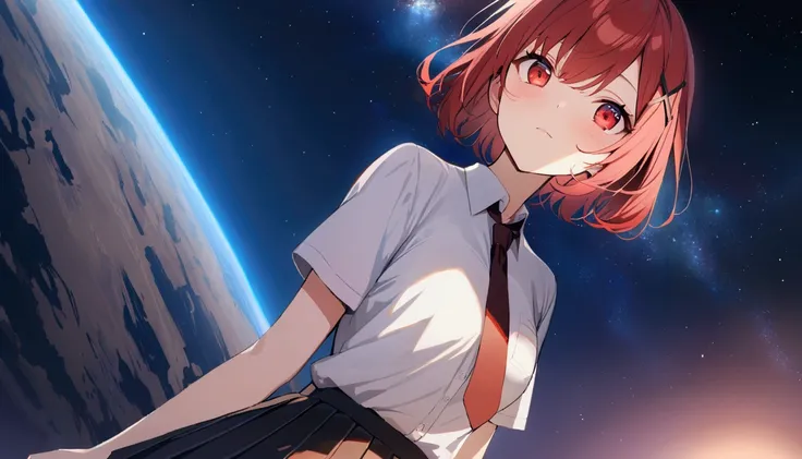 short hair, (Red hair:1.2), x Hair ornament, Red eyes,tie, girl,One person, Collared shirt, White shirt, Short sleeve, Pleated skirt, student, Highest quality, masterpiece, High resolution,universe、universe区間、Lunar Surface、full moon、Lunar Surfaceを歩く、Starry...